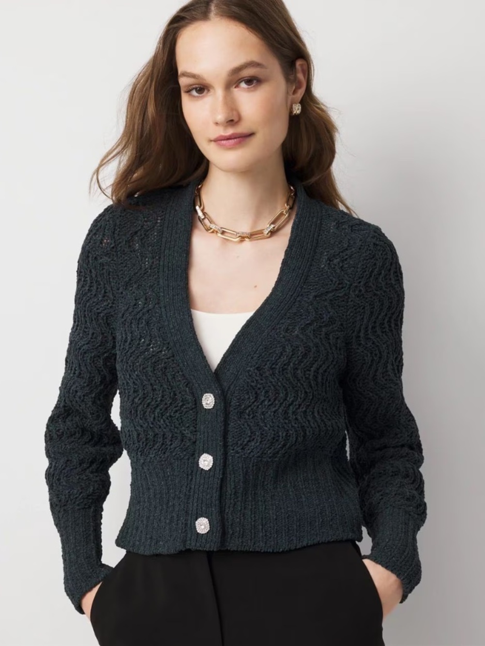 WHBM Metallic Green Shine Chenille Cardigan Sparkle Buttons Size M NWT